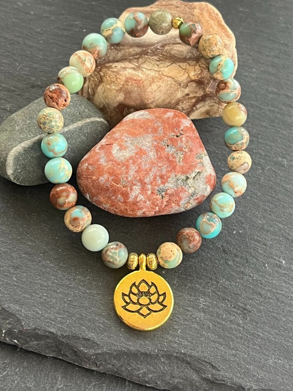 Stretch Gemstone Bracelet | Lotus Flower Bracelet | Sea Sediment Jasper